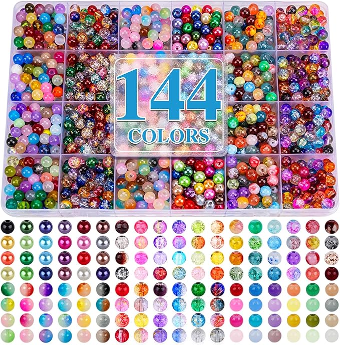 XSEINO About 144 Colors 1200PCS 6mm Glass Beads Bracelet Making Set, Colored Glass Beads in Six Styles for Bracelet, Jewelry and DIY Craft Making