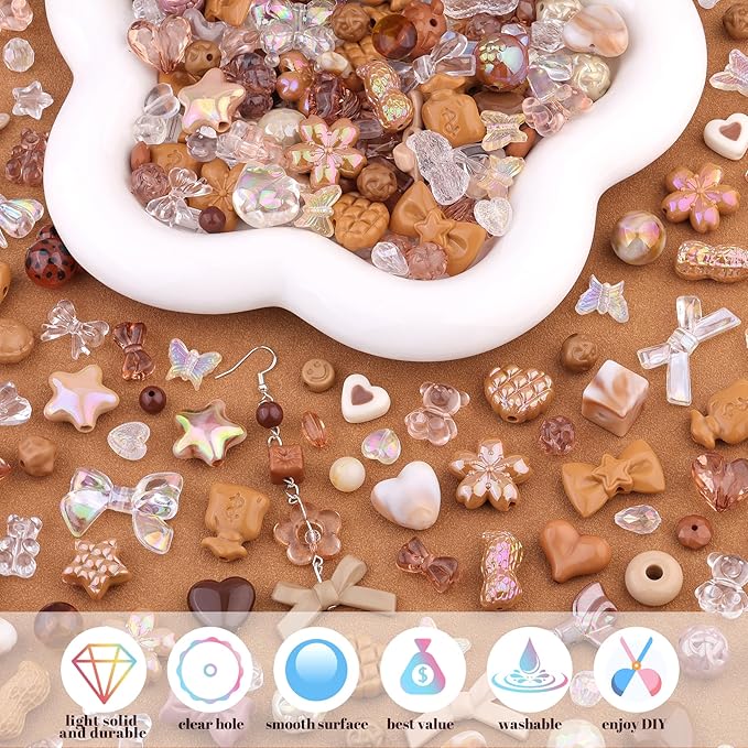200-260PCS TINKRSTUFF Assorted Acrylic Beads Brown,Cute Beads for Bracelet Making, Bow Flower Butterfly GummyBear Kawaii Charms Aesthetic Bead for Necklace Keychain Jewelry Making DIY Phone Charm