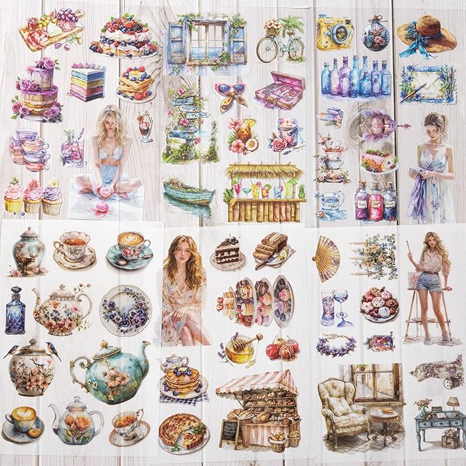 Stickers for Journaling, 20 Sheets Sweet Dessert Junk Journal Sticker, PET Washi Materials Scrapbooking Supplies for Adults, People Women Transparent Decorative Art Crafts