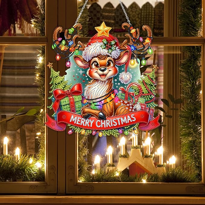 DIY Acrylic Diamond Art Painting Wreath Kits Special Shaped Rhinestone 5D Diamond Art Window Pendants Home Garden Wall Hanging Kits Hanging Ornament (Merry Christmas)