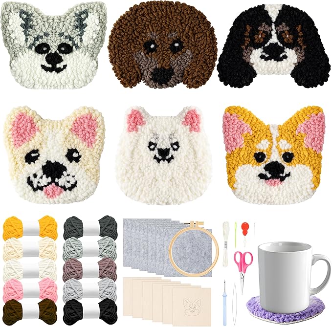 WATINC Craft Punch Needle Coaster Kit, 22Pcs Easy Art Work Decor Craft Supply for Beginners, DIY Set of 6 Puppy Head Pattern Tufted Rug Pads with Adhesive Felt Yarns Embroidery Hoop Tools Instruction
