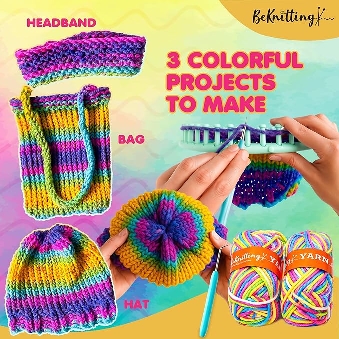 BeKnitting Loom Kit - Beginner Learn to Knit Hat, Bag and Headband for Kids & Adults | DIY Arts & Crafts w/Round Loom, Yarn, Crochet Hook, & Pen | Weaving | Holiday Gifts, Gift-Ready Box