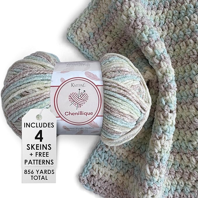 Chenillique Velvet Chenille Yarn for Crocheting, 4-Pack (856Yds / 400G), Free Patterns, Beginners Friendly - Soft Baby Yarn for Knitting Baby Blanket - #4 Medium Worsted Weight - Beach Sand