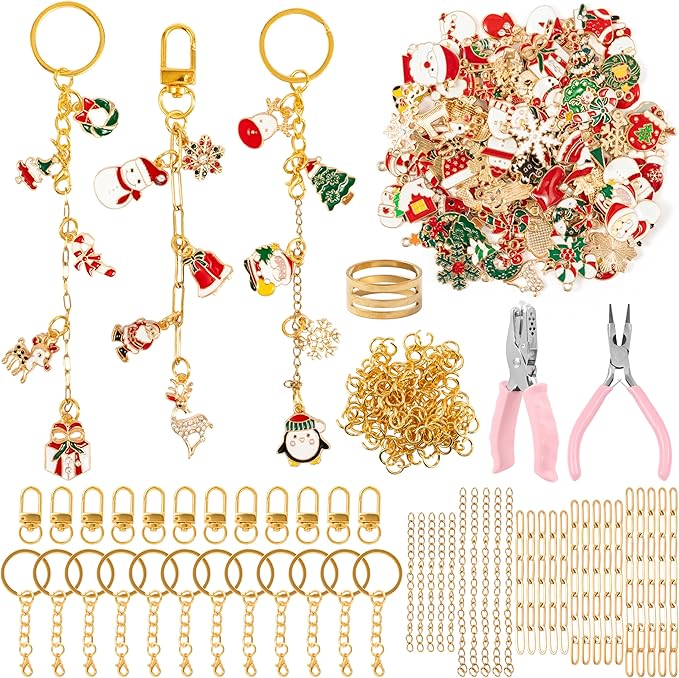 WATINC DIY Christmas Keychain Making Kit - 302Pcs Bag Christmas Charm Craft Kit with Pliers, Enamel Pendants, Charms Extender Chains for Xmas Holiday Gifts, Stocking Stuffers for Adults Teens Girls