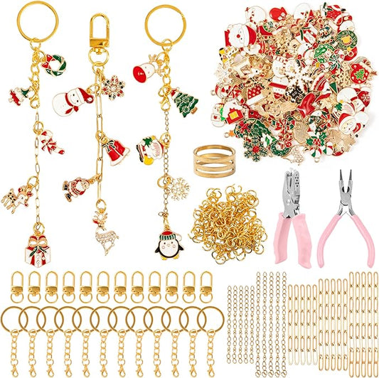 WATINC DIY Christmas Keychain Making Kit - 302Pcs Bag Christmas Charm Craft Kit with Pliers, Enamel Pendants, Charms Extender Chains for Xmas Holiday Gifts, Stocking Stuffers for Adults Teens Girls