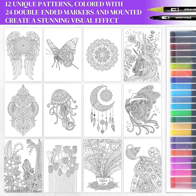 Coloring Books for Adults Relaxation, Stress Relief Coloring Book with 24 Dual Tip Markers, 2 Wooden Photo Frame Set with 12 Patterns Include Exquisite & Cute, Arts and Crafts Gift for Women, Couples