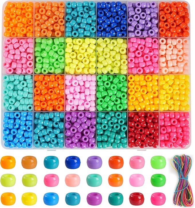 2880Pcs Pony Beads for Jewelry Making, 24 Color Plastic Pony Beads Bulk, 6×9mm Friendship Bead Bracelet Kit for Hair Braiding, Keychains, Necklaces, DIY Crafts Gifts