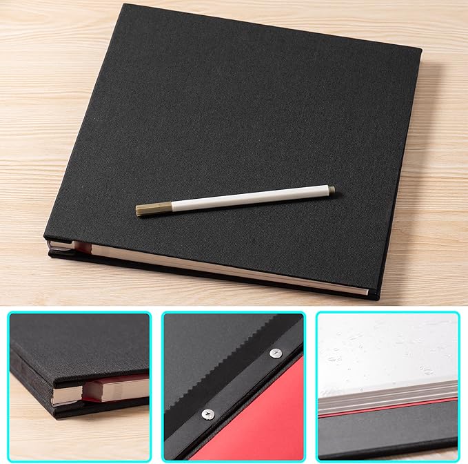 Large Photo Album Self Adhesive 4x6 5x7 6x8 8x10 Pictures Scrapbook Magnetic Album DIY Scrap Book 60 Sticky Pages Linen Cover DIY Photo Album with A Metallic Pen and DIY Accessories(Black), 11"x10.8"60 Pages