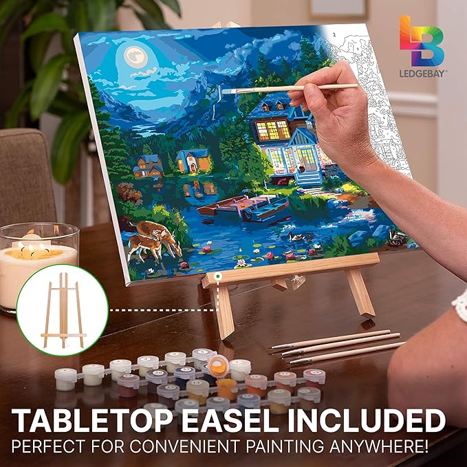 Ledgebay DIY Paint by Numbers Kit for Adults Framed Canvas Beginner to Advanced Paint by Numbers Kit Kits Include Acrylic Paint Set Brushes Tabletop Easel (House Near The Lake 16"x20" Framed)