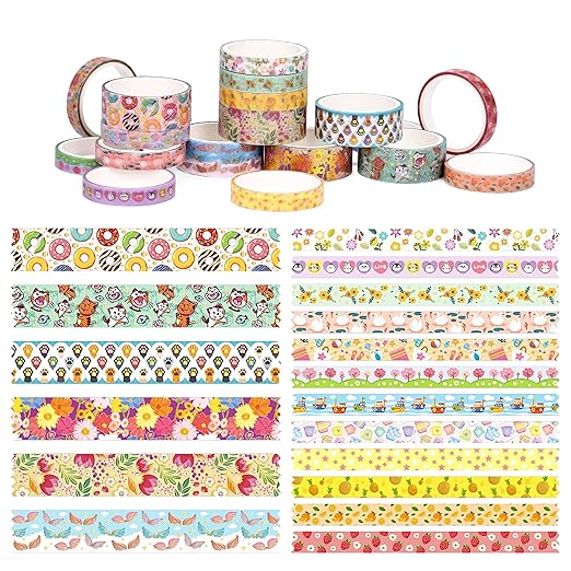 Naler Washi Tape Set,18 Rolls Cute Decorative Tape, Flora Animals Fruits Adhensive Tape, Writable Tape for Bullet Journal Supplies, Gift Wrapping, Scrapbook Supplies