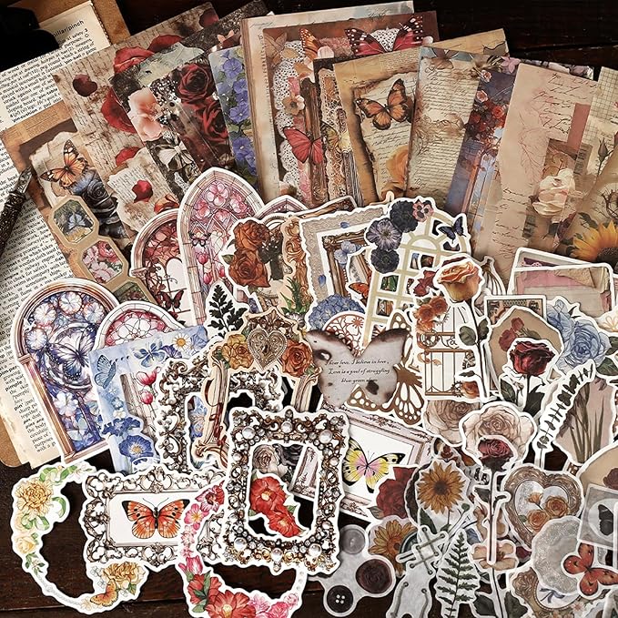200PCS Vintage Scrapbook Paper Journaling Scrapbooking Supplies Kit Retro Decorative Craft Paper Assorted for Bullet Junk Journals Card Making Craft DIY, Butterfly Waltz