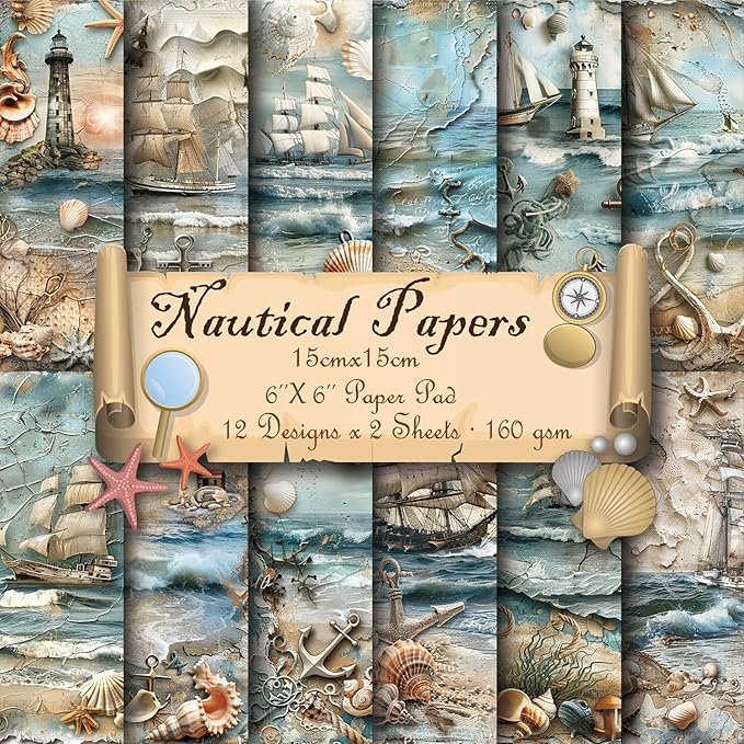 6x6" 160gsm cardstock Single Sided Scrapbooking 24 Paper Pad vintage decoupage scrapbook kit patterned paper junk journal supplies journaling supply scrap crafting.Nautical