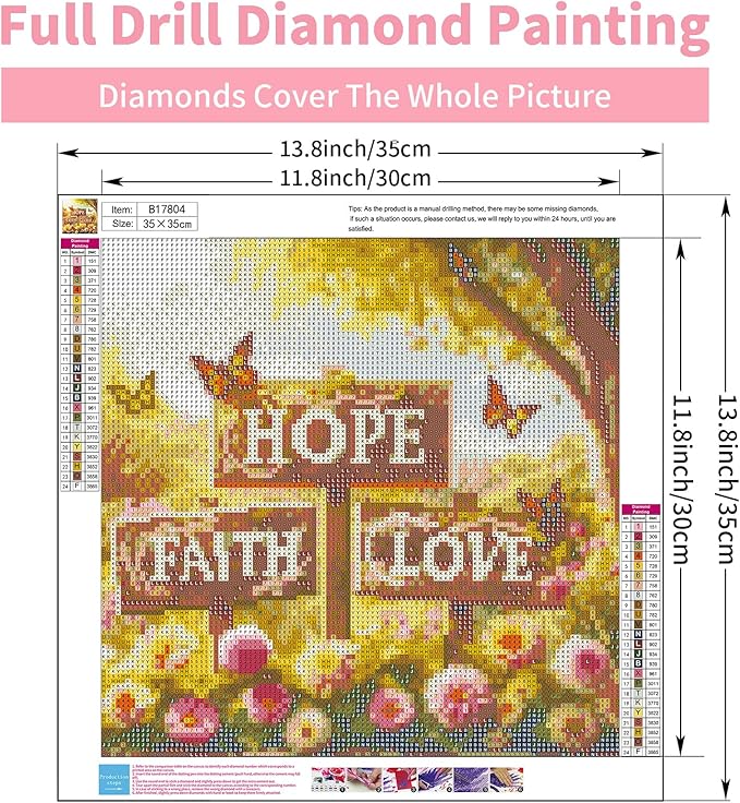 GEEHEIY Faith Hope Love Diamond Art Kits for Adults, 5D Diamond Painting Kits for Beginner, DIY Full Drill Round Gem Art for Home Wall Decor 14 x14 Inch