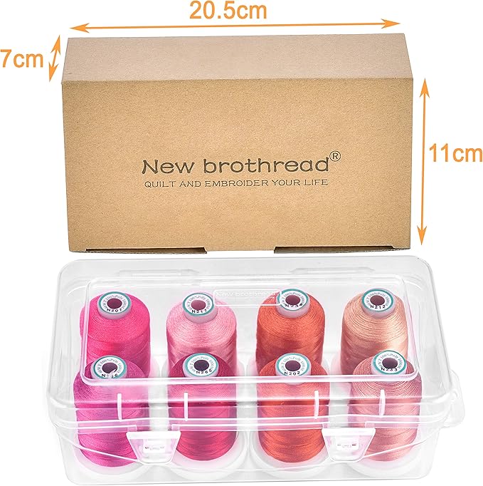 New brothread - 20 Options - 8 Snap Spools of 1000m Each Polyester Embroidery Machine Thread with Clear Plastic Storage Box for Embroidery & Quilting - Pink/Rose/Flesh