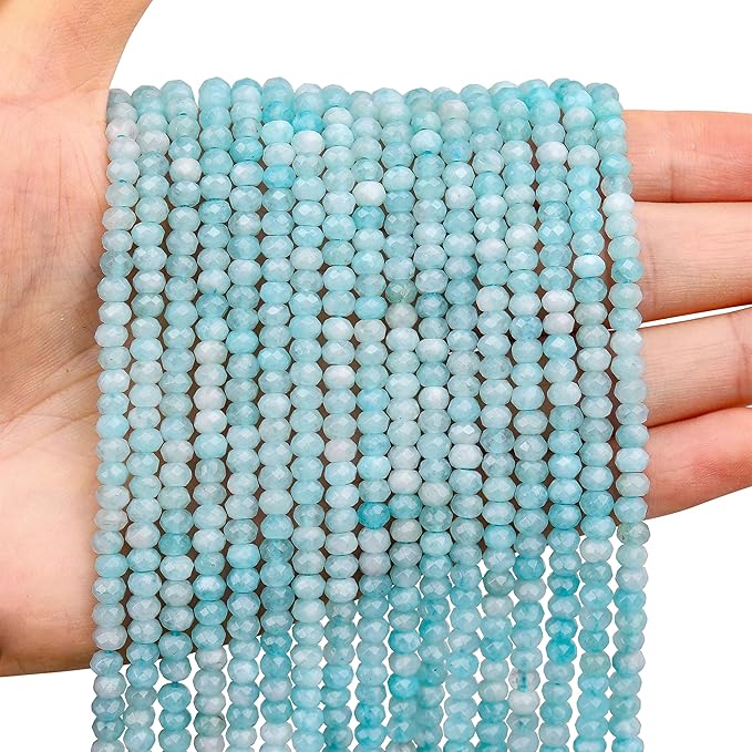 2 Strands Colored Lake Blue Jade Beads for Jewerly Making, 3 * 4mm Faceted Rondelle Gemstone Crystal Beads for DIY Bracelet Necklace Crafts