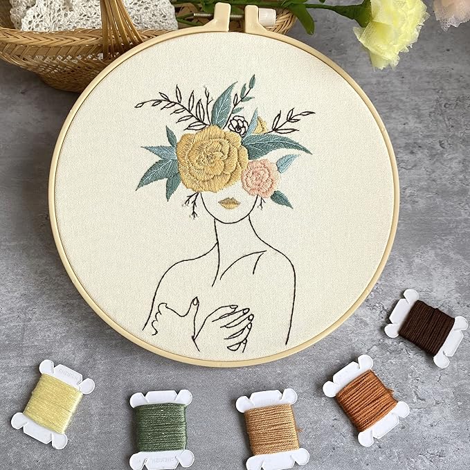 harimau 3 in beginner embroidery kit,floral plant pattern,cross stitch kits, including stamped embroidery cloth with 3 embroidery hoops, color threads and embroidery kits