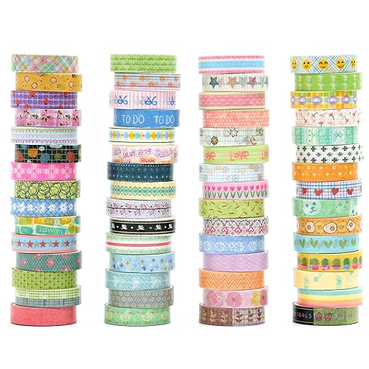 60 Rolls Cute Washi Tape Pack Basic Mini Adhesive Tapes Stars, Plaids, Florals, Grids & Dots Patterns Decorative Masking Tape Sets for Craft, Kids, Scrapbook, DIY, Gift Wrapping (Kawaii)