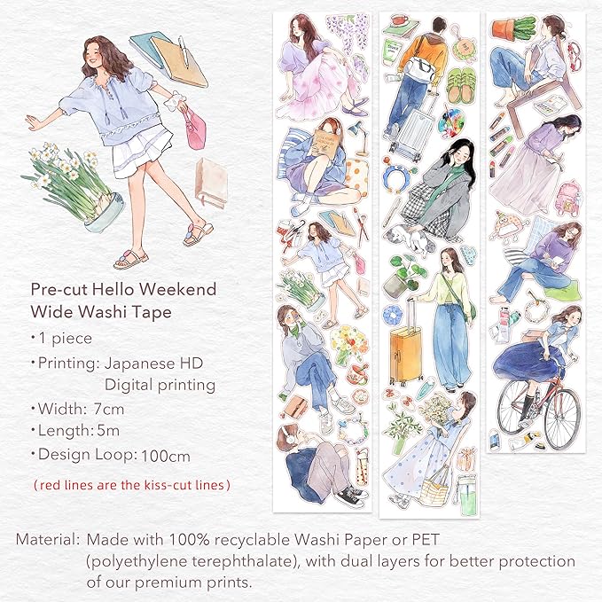 WT Pre-Cut Hello Weekend Wide Washi Tape, 1 Roll (70mm x 5m), Original Weekend Lifestyle Designs, Decorative Tape for Bible Journaling, Bullet Journals, Scrapbooks, Planners & DIY Craft Supplies