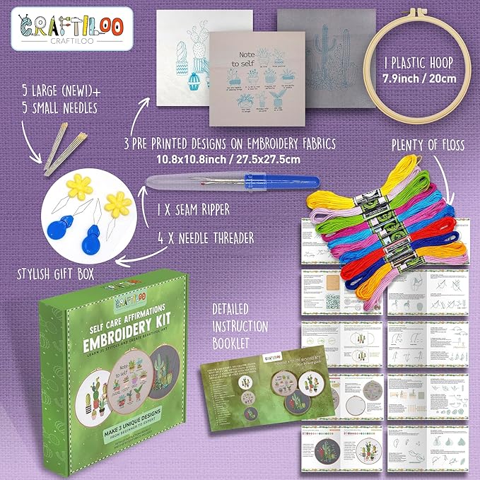 CRAFTILOO Embroidery Kits for Adults Hand Embroidery kit for Beginners with Stamped Embroidery Patterns Starter Embroidery Kit. Needlepoint kit Cross Stitch kit for Teens& Adults Cactus