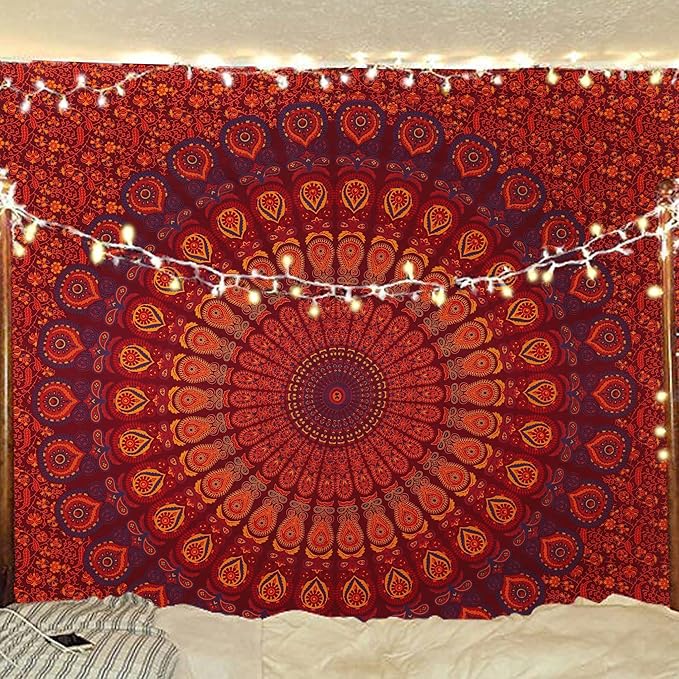 bless international handmade indian hippie bohemian psychedelic peacock mandala wall hanging college dorm beach throws table cloth bedding tapestry (golden brown maroon,