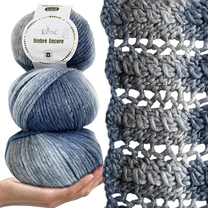 Ombré-Encore Chunky Ombre Yarn for Crocheting, 3 Balls, 507Yds/420G, Free Patterns - Multi Colored Bulky 5 Weight Yarn for Knitting - White Gray
