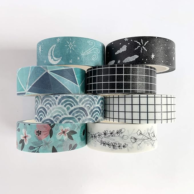 zynshe washi tape set of 16 rolls of 15 mm wide cute decorative washi tape for journaling, scrapbook, washy crafts, bullet journals, planners, diy décor, gift wrapping, craft supplies (serenity)