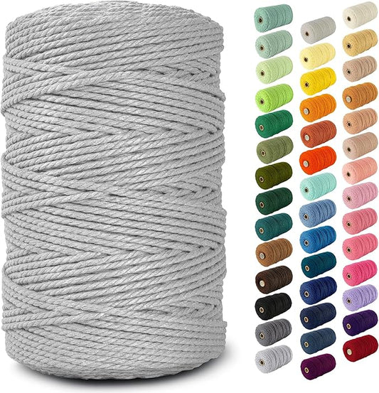 Nook Theory Macrame Cord - 3mm 220 Yards Cotton Rope, 4mm 5mm Yarn, String for Crafts, Perfect for Macrame Wall Hanging and Boho Decorations (Light Gray)