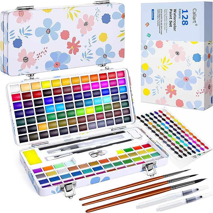Caliart 128 Colors Watercolor Paint Set Portable, for Adults Artists Professional, Art Supplies Watercolor Painting Kits Drawing Gifts