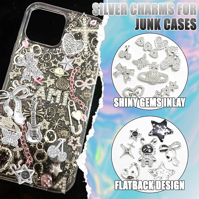BELICEY Black Silver Junk Case Charms Kit Y2K Big Charms for Phone Junk Cases 3D Astronaut Star Bow Planet Heart Junk Phones Case Flatback Rhinestone Pearls for Customizing DIY Craft