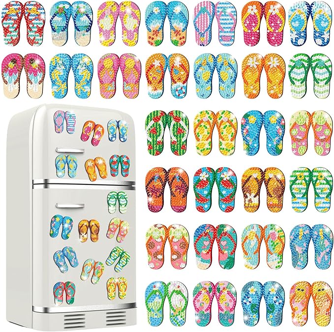 30 Pcs Summer Slipper Diamond Art Painting Magnets Fridge Magnetic Diamond Art Painting Kits Slippers Tropical Hawaiian Fridge Sticker Magnet DIY Craft for Adult Beginner Gifts Toy Home Office Decors