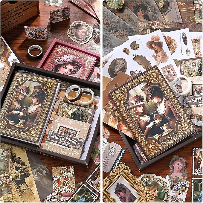 Scrapbook Supplies Kit, Vintage Junk journaling Supplies, Scrapbooking Kit with Aesthetic Ephemera Stickers, Stationary Set, Bullet Journaling Kit, Collage Craft Supplies Gift for Adults Women Starter