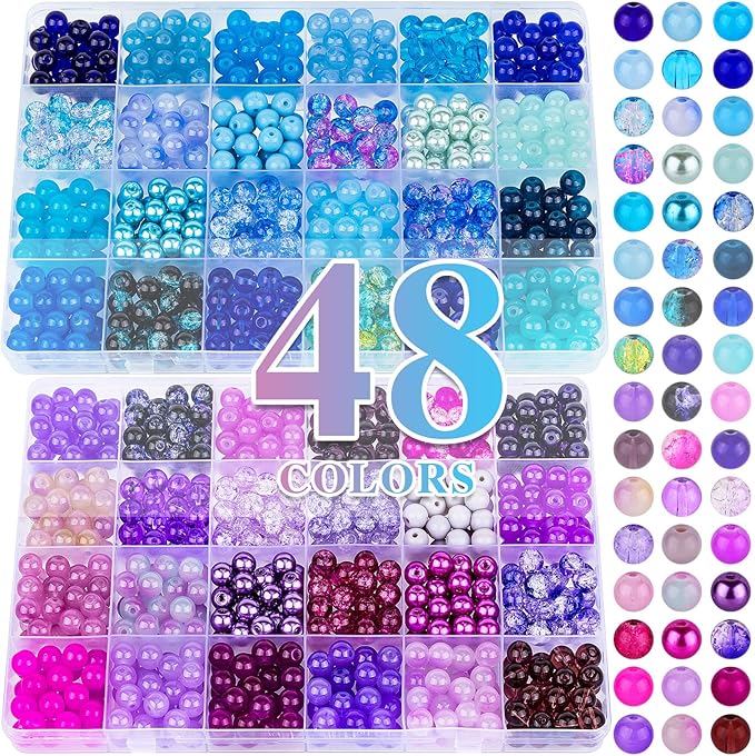 XSEINO About 1200PCS 8mm Glass Beads Bracelet Making Kit，48 Assorted Dreamy Purple and Blue Series Colorful Crystal Beads for Making and DIY Crafts