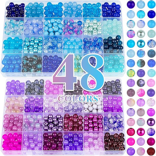 XSEINO About 1200PCS 8mm Glass Beads Bracelet Making Kit，48 Assorted Dreamy Purple and Blue Series Colorful Crystal Beads for Making and DIY Crafts