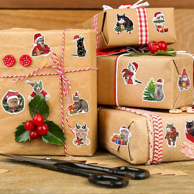 h1vojoxo christmas cat sticker rolls- 1000pcs holiday cat stickers for kids 16 styles christmas cute cats realistic sticker xmas gift cats stickers for envelopes craft water bottles