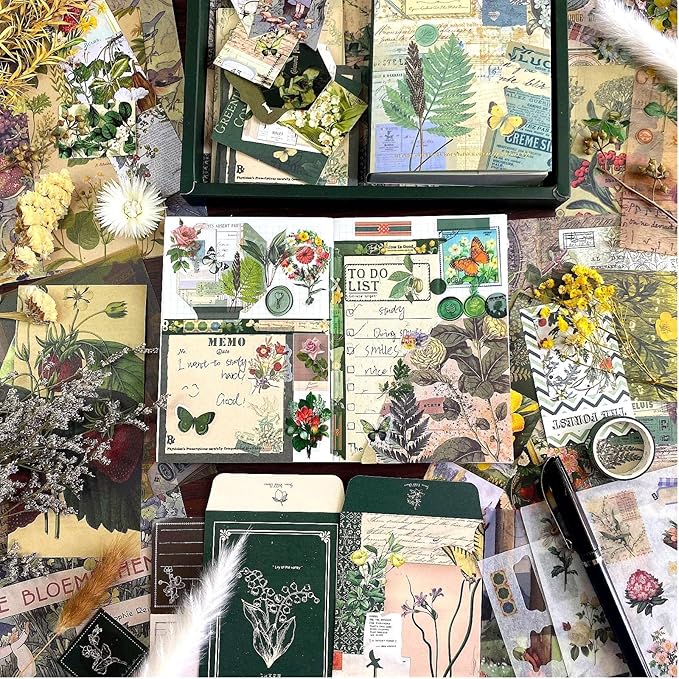LCLAIDYDY Scrapbooking Supplies Kit,Vintage Botanical Aesthetic Scrapbook Kit,Bullet Junk Journal Kit with Journaling,A6 Grid Notebook,Stationery,Flower DIY Craft Gift for Teen Girl Women