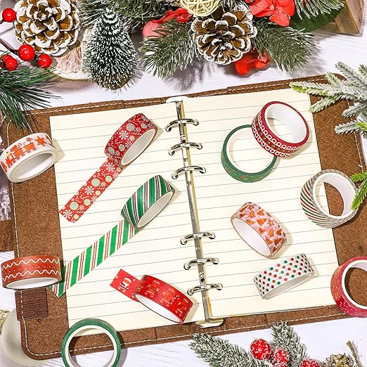 Whaline 12 Rolls Christmas Washi Tape Xmas Gingerbread Man Candy Cane Decorative Masking Tape for Christmas Scrapbook Journal DIY Art Craft Gift Wrapping