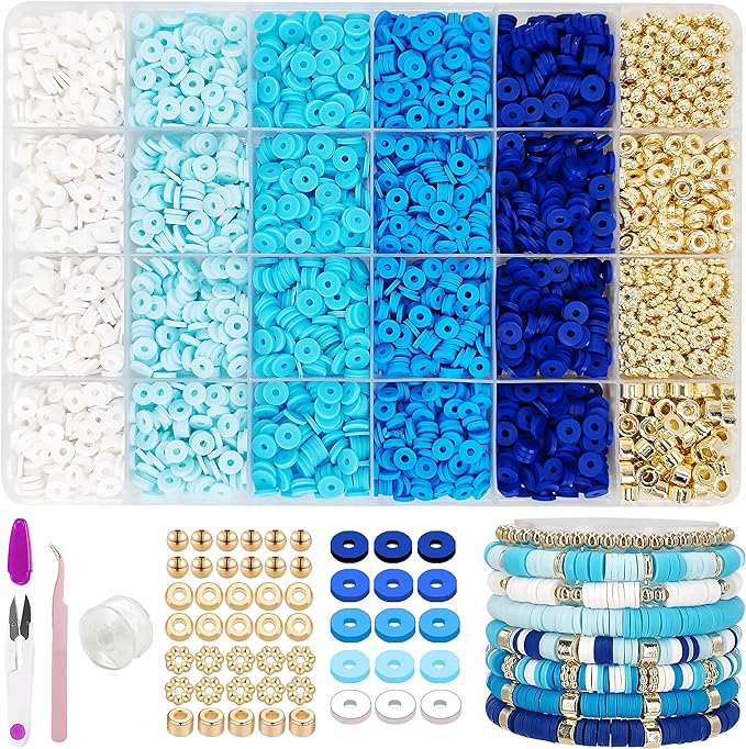 MIIIM Blue Clay Bead Bracelet Kit, Heishi Beads, Flat Clay Beads and Gold Spacer Beads for Jewelry Making, Friendship Bracelet Beads Kit for Crafts, Concert, Raves, Gifts