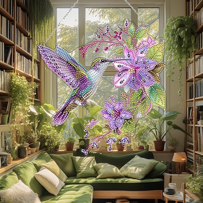 JJFox Diamond Art Hanging Kit for Adult,Special Shaped Rhinestone,Double Sided DIY Acrylic 5D Diamond Art Painting Window Pendants Home Garden Wall Hanging Kits Hanging Ornament (Hummingbird)