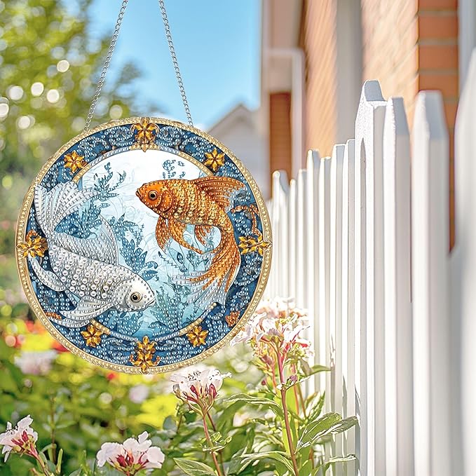 Wergund 5D DIY Carp Diamond Art Hanging Kits, Hanging Diamond Art Fish, Acrylic Special Shaped Rhinestone, Window Hanging Pendants for Home Wall Garden Front Door Outdoor Decor Gift(Carp)