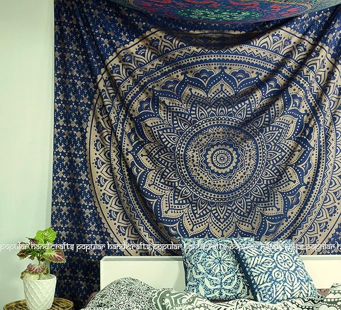 popular handicrafts tapestry wall hanging hippie ombre mandala bohemian hippy intricate indian tapestries bedspread 90 x 108 inches (230cm x 270cm) blue & gold