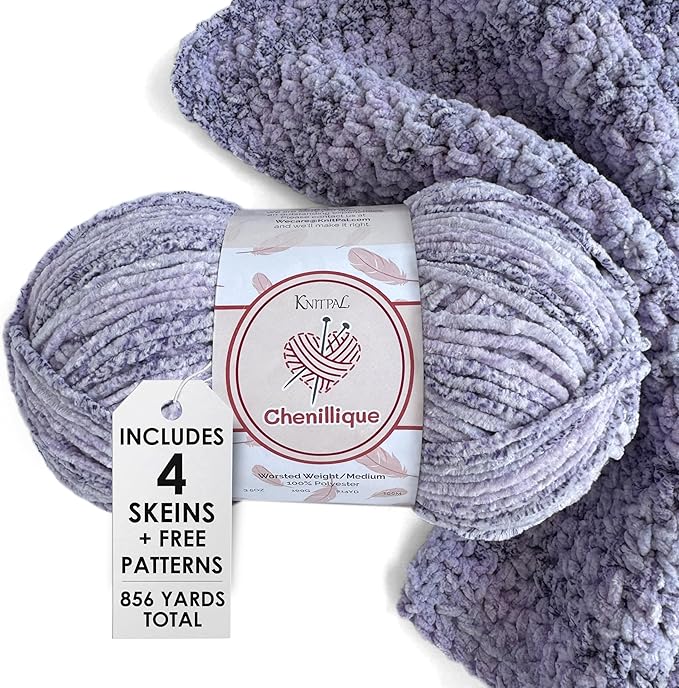 Chenillique Velvet Chenille Yarn for Crocheting, 4-Pack (856Yds / 400G), Free Patterns, Beginners Friendly - Soft Baby Yarn for Knitting Baby Blanket - #4 Medium Worsted Weight - Lavender Bliss