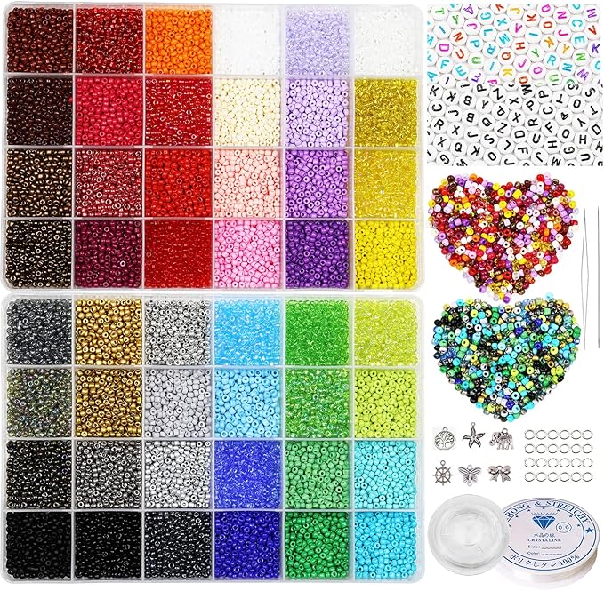 18800Pcs 3mm 48-Color Glass Seed Beads + 260 Alphabet Letter Beads DIY Jewelry Making Kit | Adult Craft Supplies with Elastic String, Charms, Rings for Bracelet Necklace Art Projects