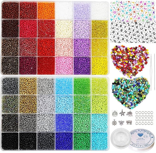 18800Pcs 3mm 48-Color Glass Seed Beads + 260 Alphabet Letter Beads DIY Jewelry Making Kit | Adult Craft Supplies with Elastic String, Charms, Rings for Bracelet Necklace Art Projects