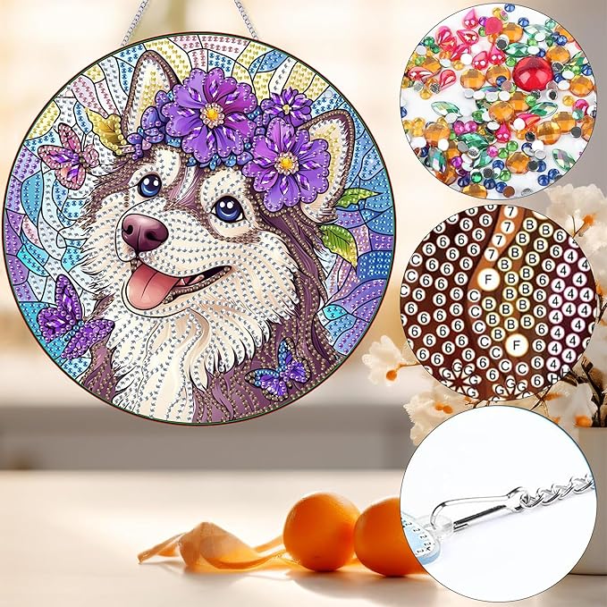 Bimkole Smiling Dog Diamond Art Hanging Kit for Adult, DIY 5D Diamond Art Animal Window Pendant, Acrylic Crystal Art Hanging Ornament Home Wall Garden Front Door Sign Outdoor Decor 7.8x7.8 Inch