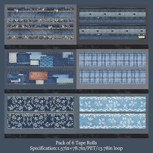 PET Washi Tape Stickers for Journaling Supplies, Decorative Denim Themed Journal Tape Stickers for Scrapbooking,Journaling, Junk Journal Supplies,Planer,Letters,Water Bottles (Denim)