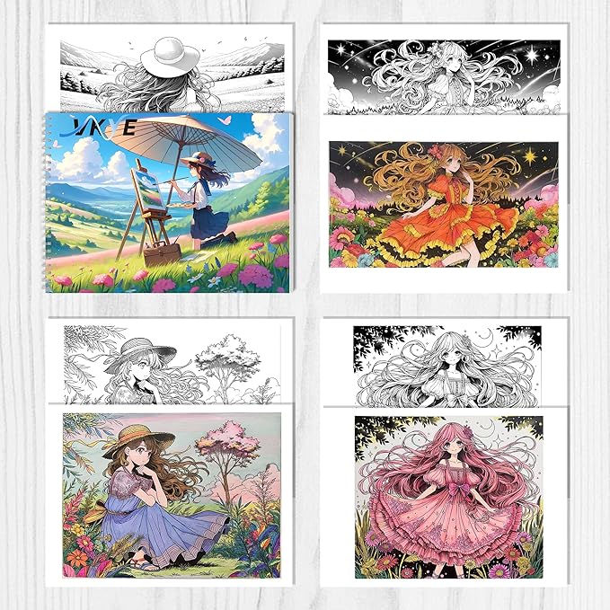 VKYE Coloring Book - Anime Girls Character Adult Coloring Book for Woman & Adults, Markers Recommended, Thick Paper, Intricated Pattern & Details, Spiral Bound, Imagination, Anxiety and Depression
