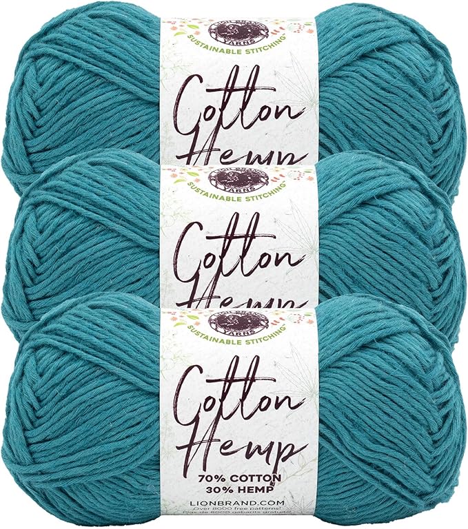 Lion Brand Yarn Cotton Hemp, Soft, Durable Yarn for Crochet and Knitting, 3 Pack, Teal