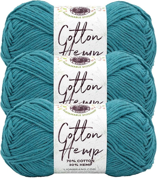 Lion Brand Yarn Cotton Hemp, Soft, Durable Yarn for Crochet and Knitting, 3 Pack, Teal