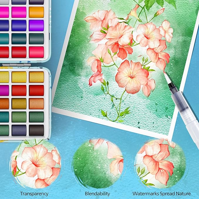 Caliart 100 Colors Watercolor Paint Set, Portable Travel Water Color Palette Kit with Detail Paint Brush, Art Supplies for Painting Coloring, Drawing Gifts for Adults Professional Artists