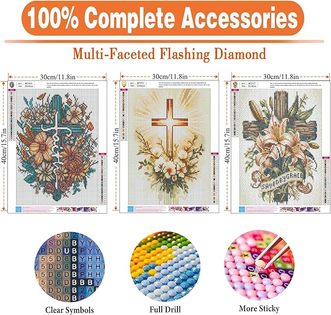 igoodom 3 Pack Cross Diamond Art Kits for Adults, Religious Diamond Painting Kit, Full Drill Round Diamond Art Kits, DIY Gem Art and Crafts for Home Wall Decor Gift 12x16inch